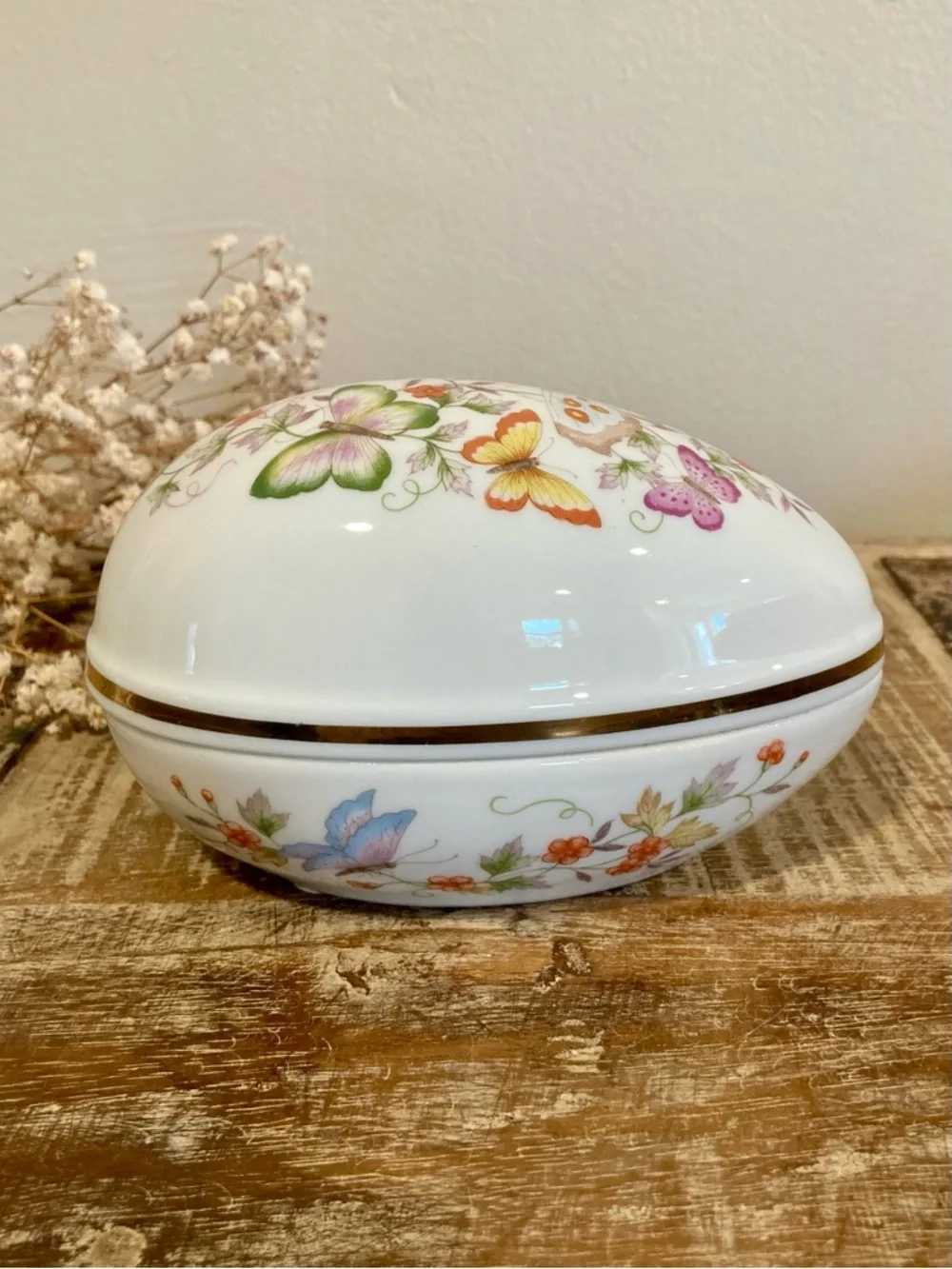 1970s Avon Butterfly Floral Porcelain Egg Shaped Trinket Box with 22K Gold Trim